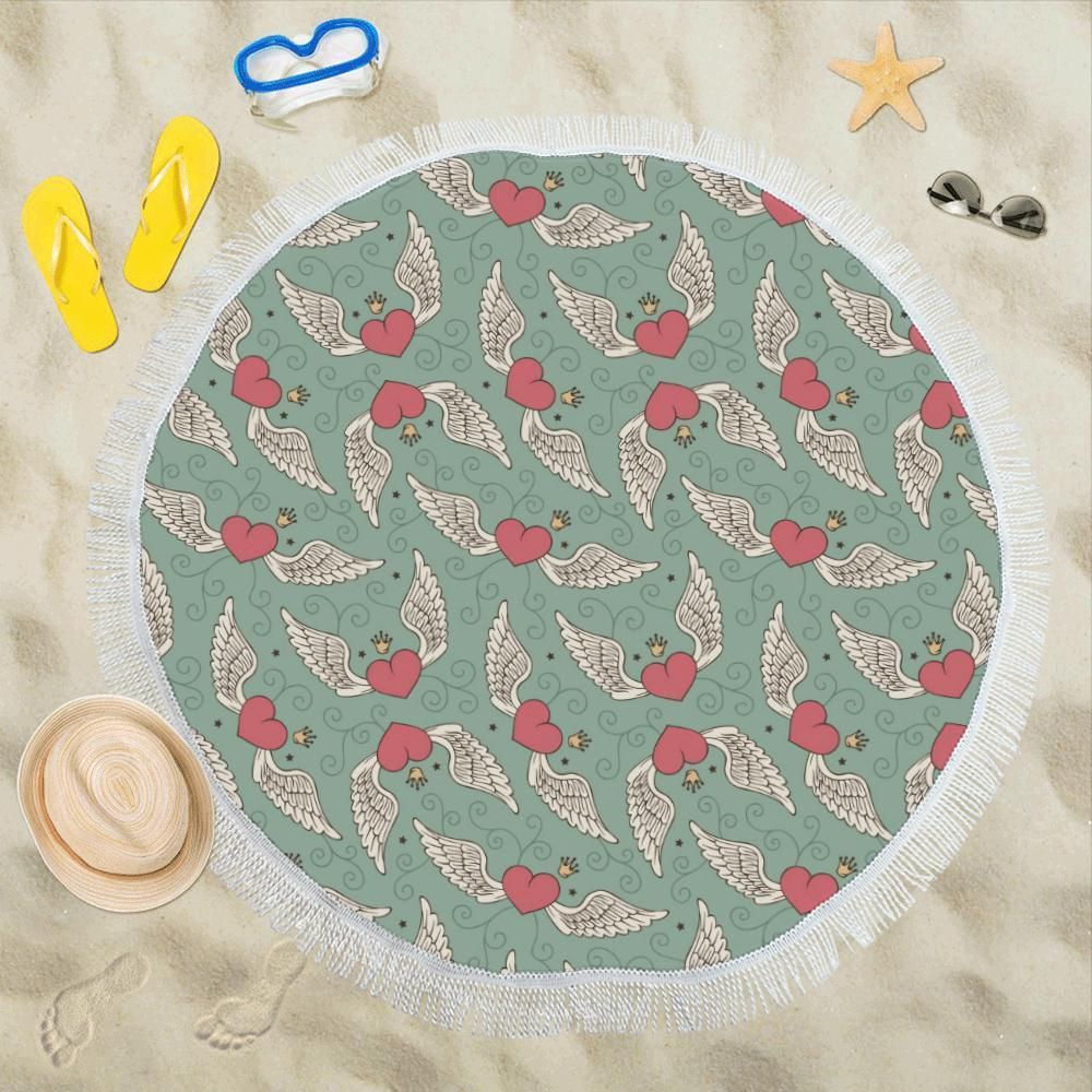 Angel Wings Heart Design Themed Print Round Beach Towel