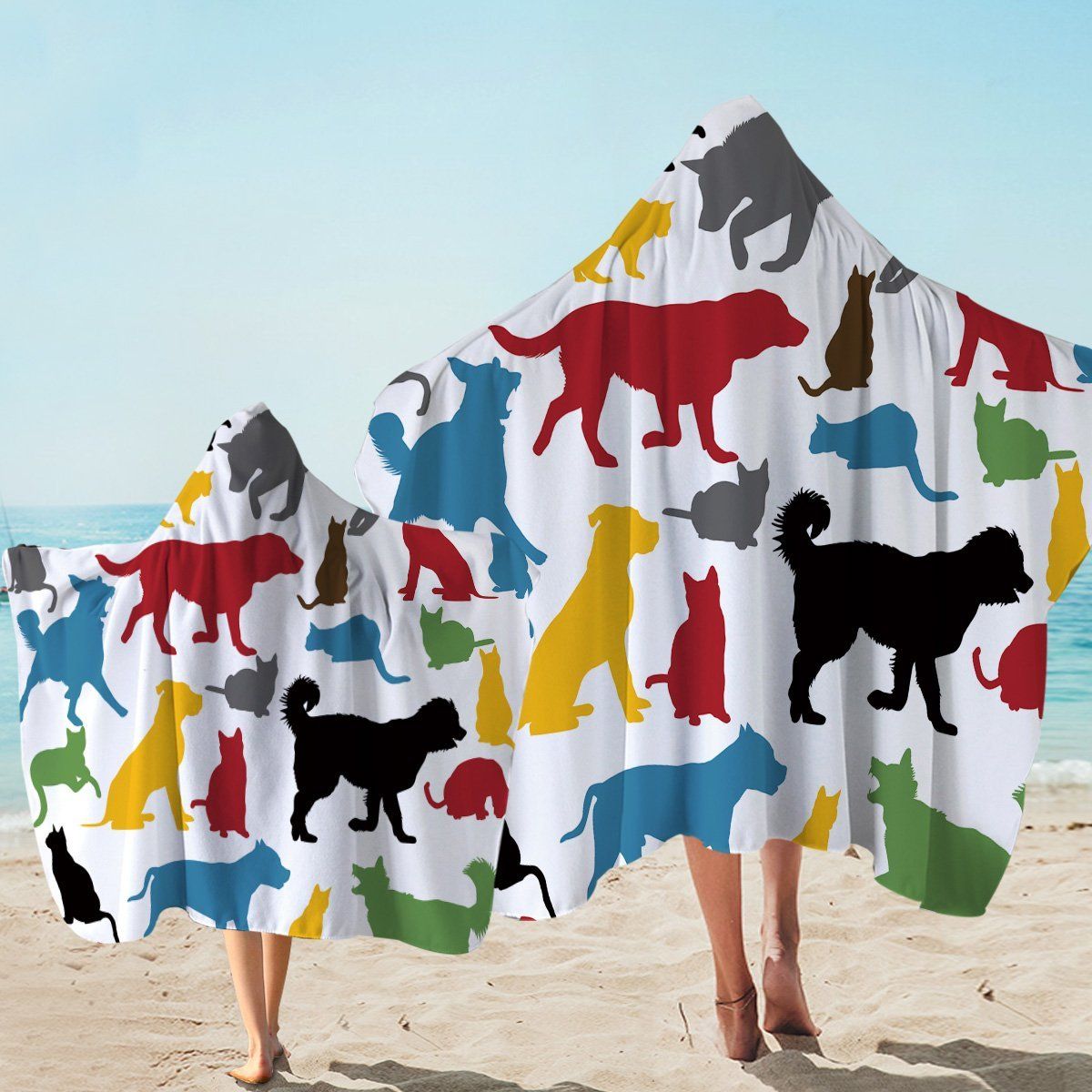 Animal Colored Shadows On White Printed Hooded Towel