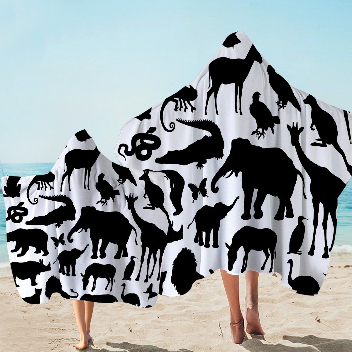 Animal Shadows Black And White Printed Hooded Towel