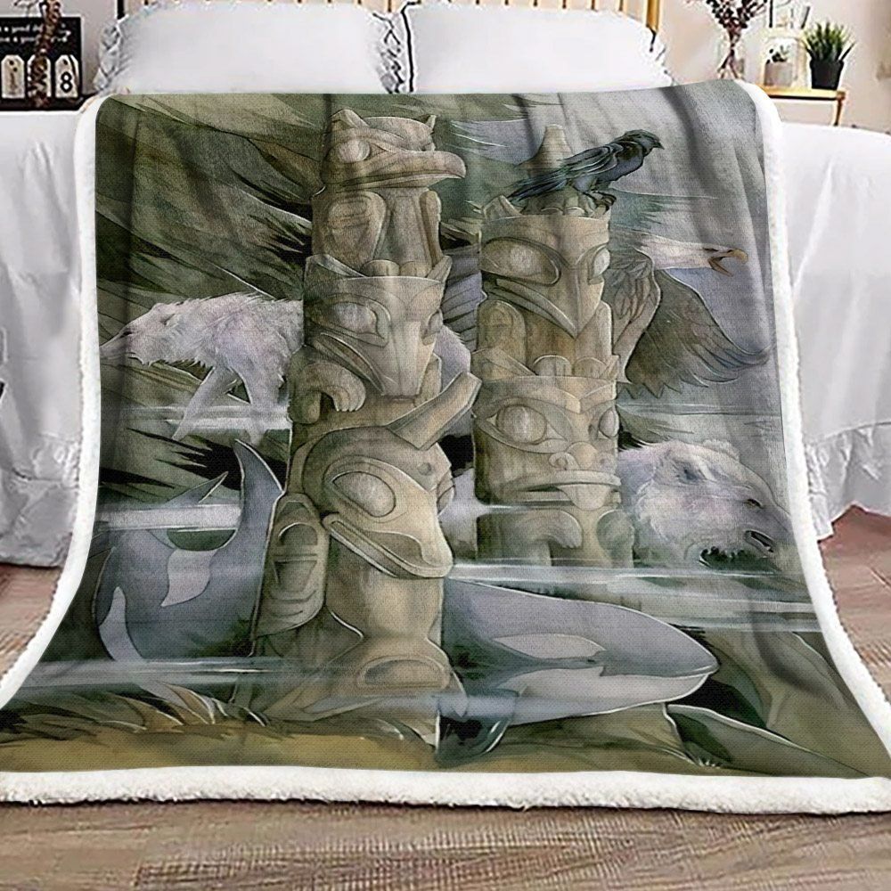 Animal Totem Dolphin Bear Wolf Eagle And Raven Sherpa Fleece Blanket