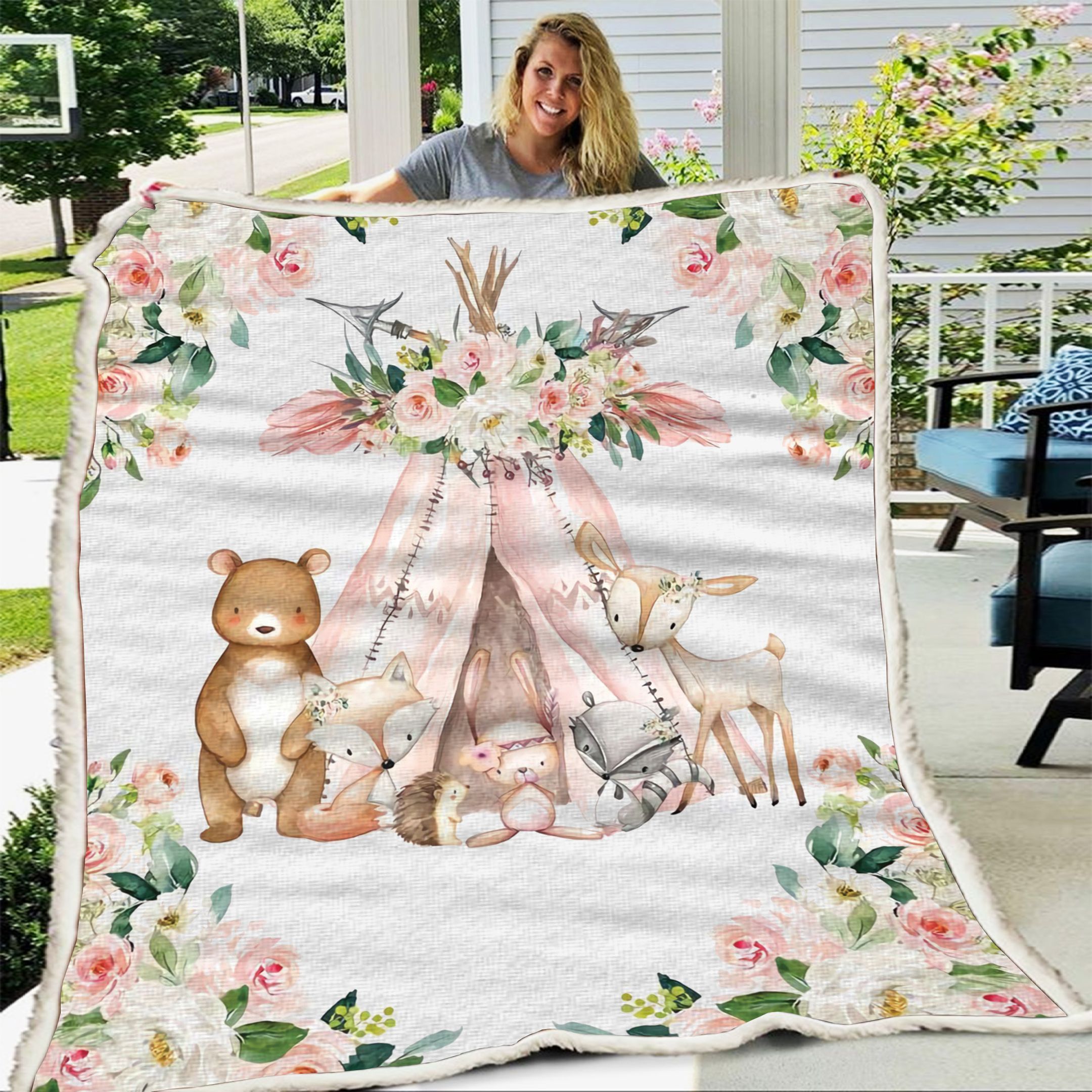 Animal Woodland Camping Sherpa Fleece Blanket