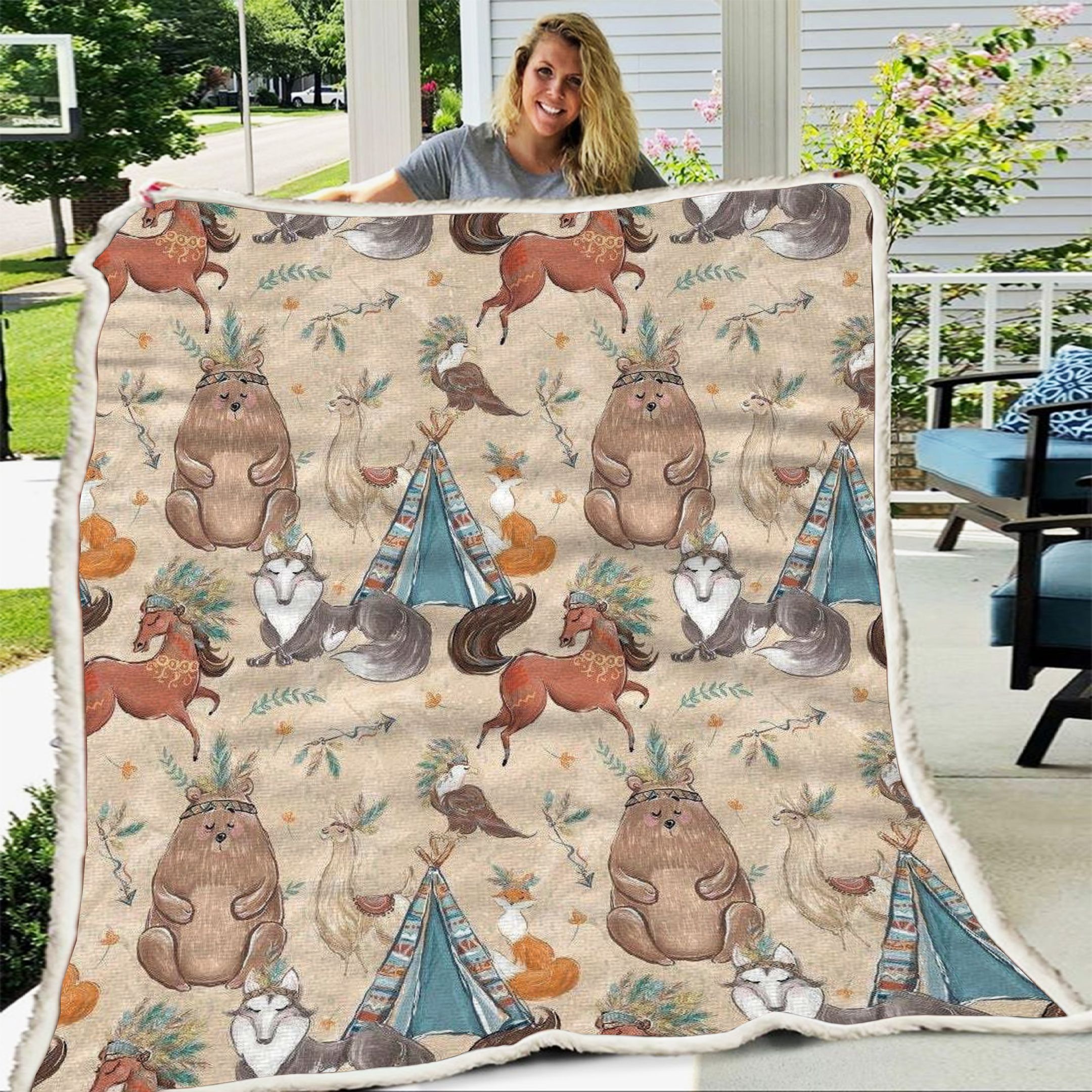 Animal Woodland Pattern Sherpa Fleece Blanket