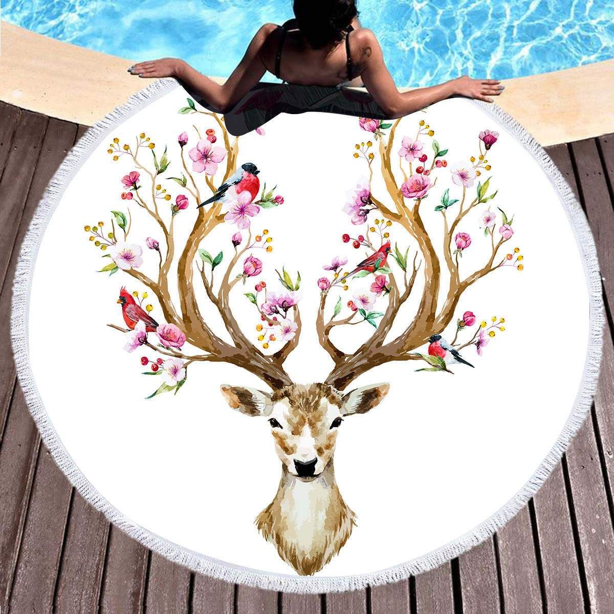 Antler Flowers Tree Vintage Printed Round Beach Towel