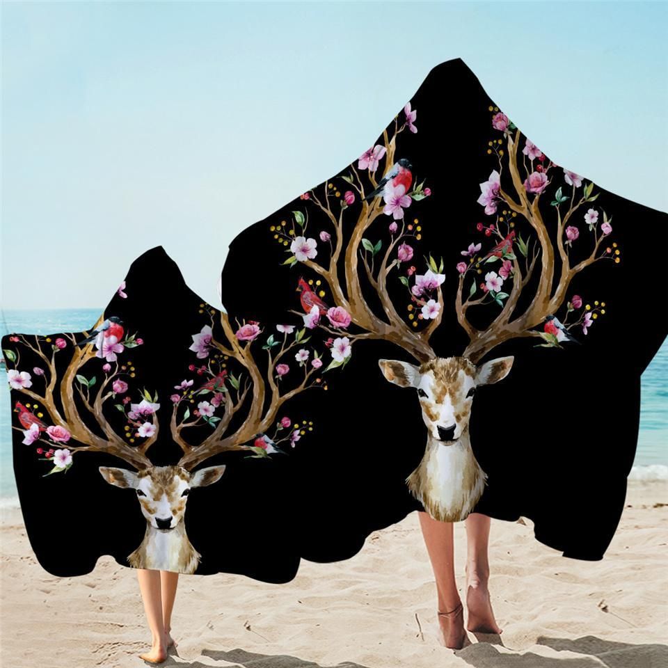 Antler Of Life Flower Black Printed Hooded Towel