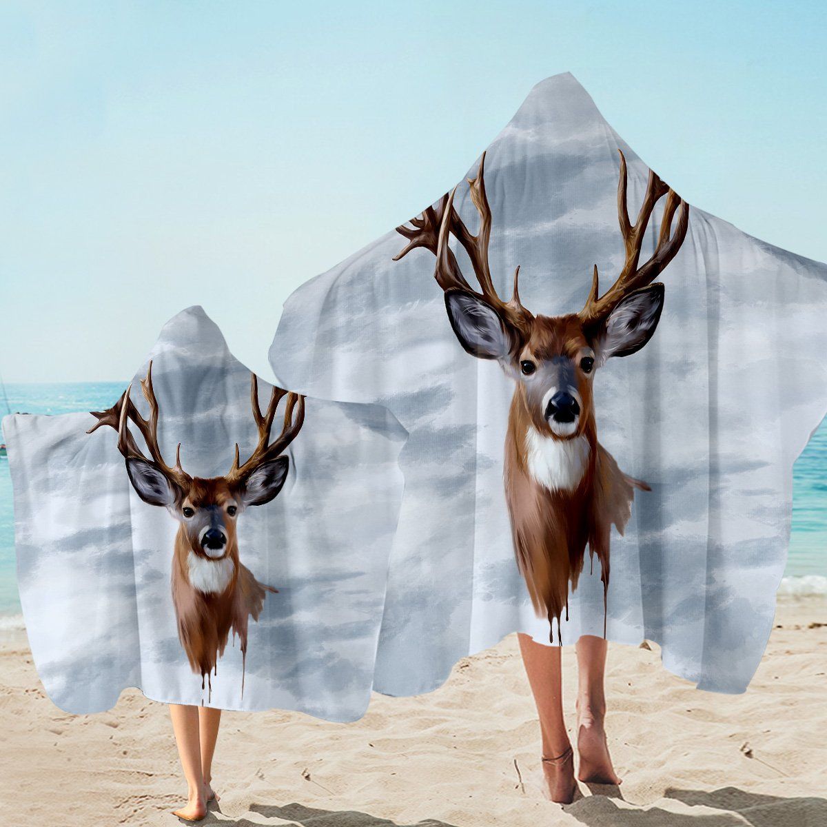 Antlers Hazy Gray And White Printed Hooded Towel