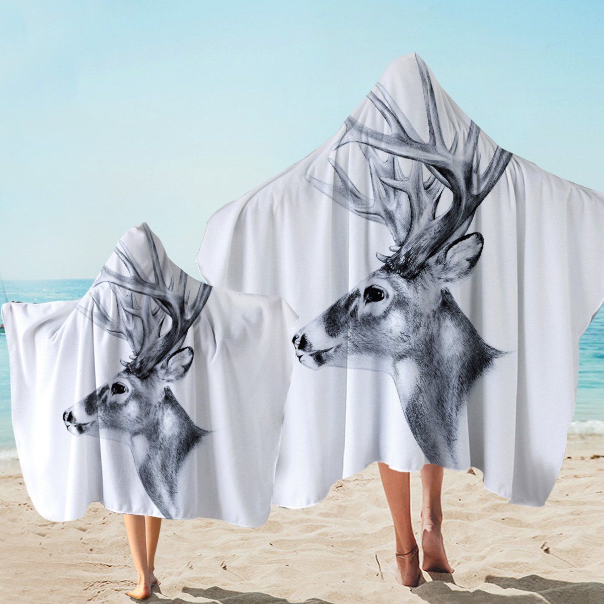 Antlers Sketch On White Printed Hooded Towel