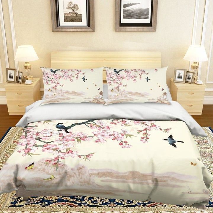 Apricot Flower And Bird Bedding Set