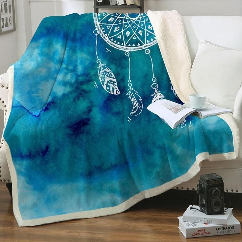 Aqua Watercolor Dreamcatcher Sherpa Fleece Blanket