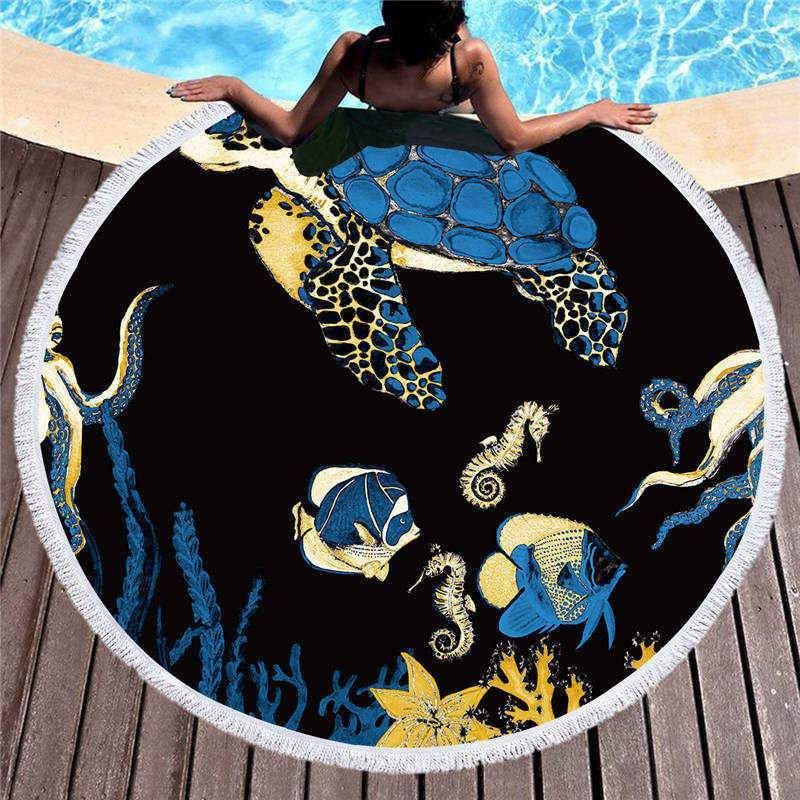 Aquatic Octopus And Sea Turtle Printed Round Beach Towel