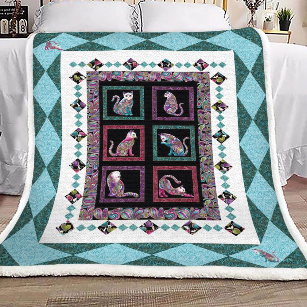 Aristocrat Blue Cyan Cats Sherpa Fleece Blanket