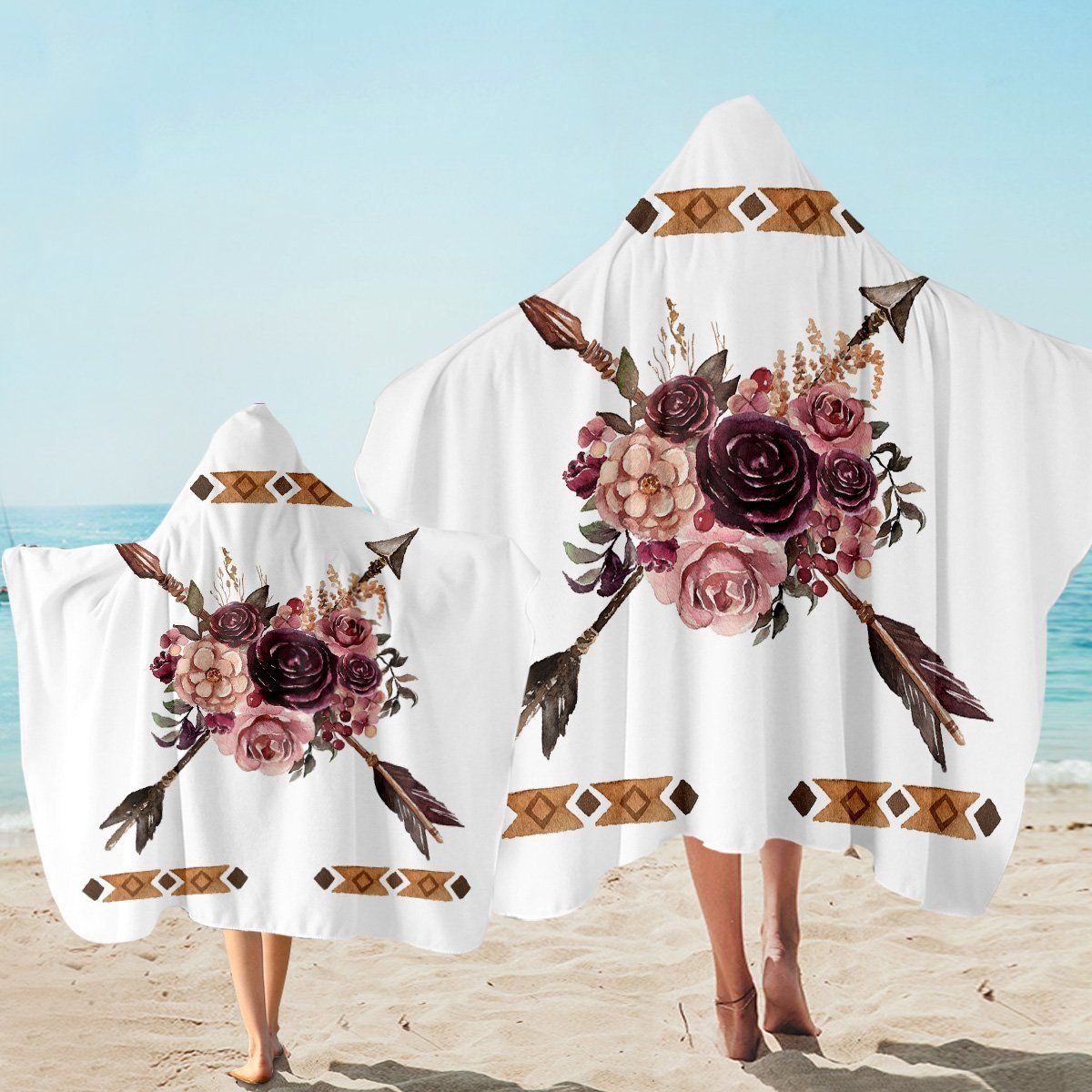 Arrow And Flowers Native Pattern In White Printed Hooded Towel