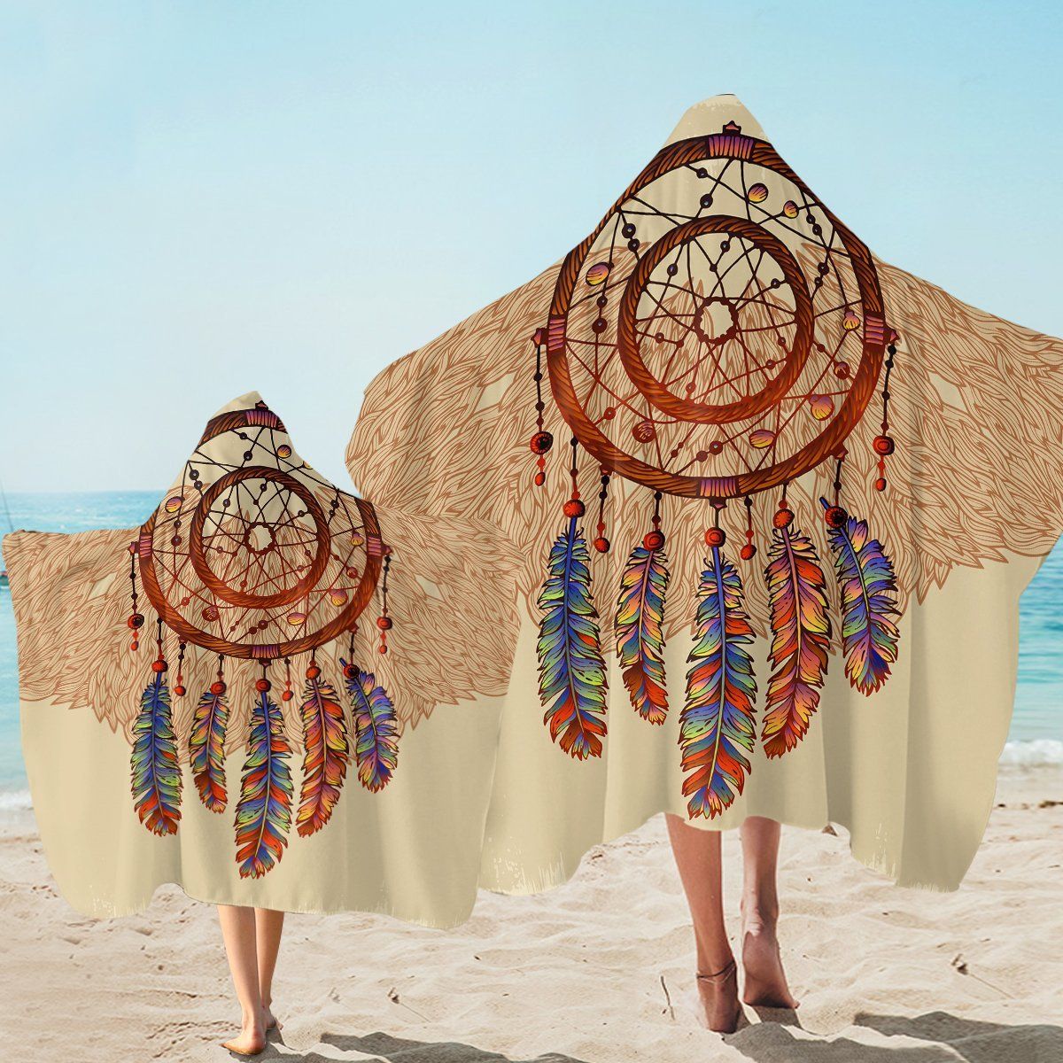 Atomic Dreamcatcher Brown And Beige Printed Hooded Towel