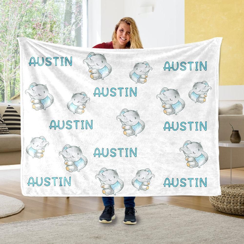 Austin Sweet Dream Elephant Custom Text Printed Fleece Blanket