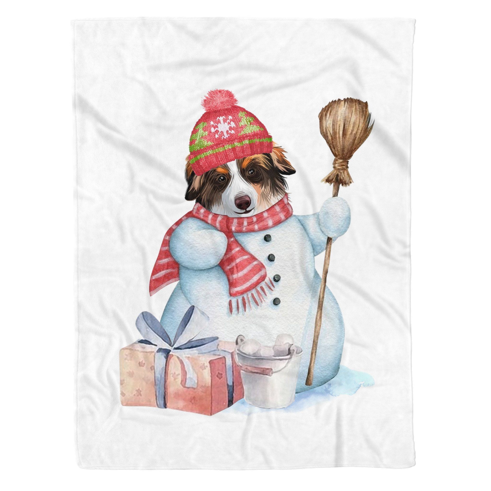 Australian Shepherd Snowman Christmas Sherpa Fleece Blanket