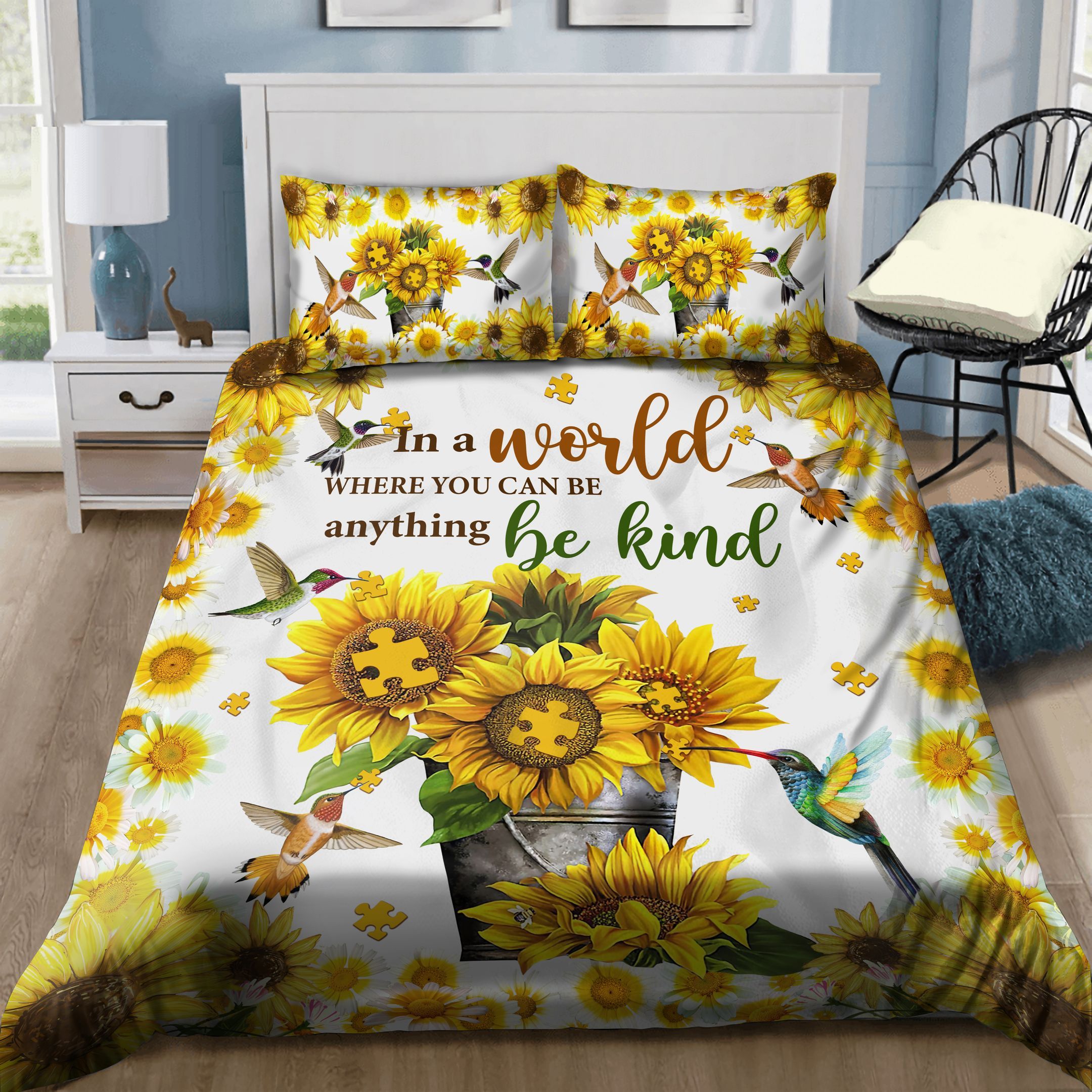 Autism Awareness Be Kind Hummingbird Sunshine Bedding Set