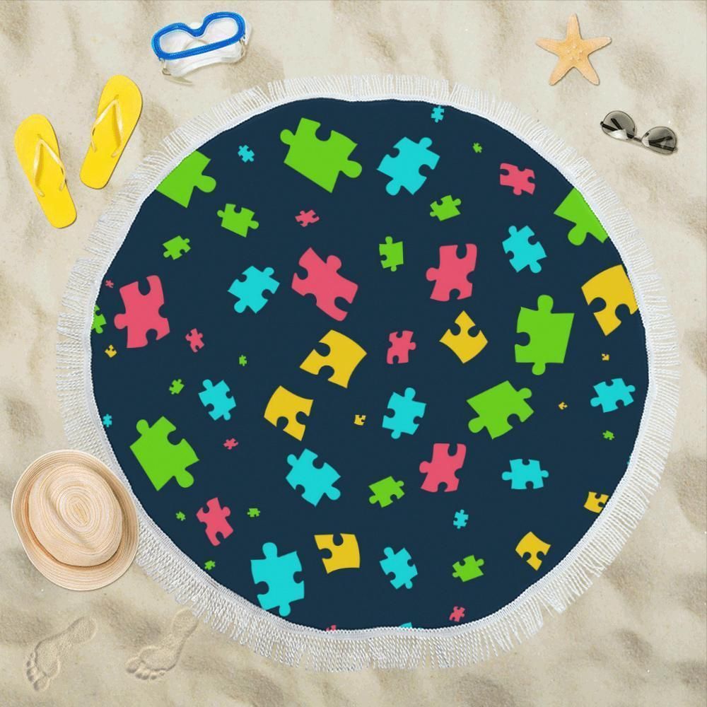 Autism Awareness Colorful Design Printed Round Beach Towel