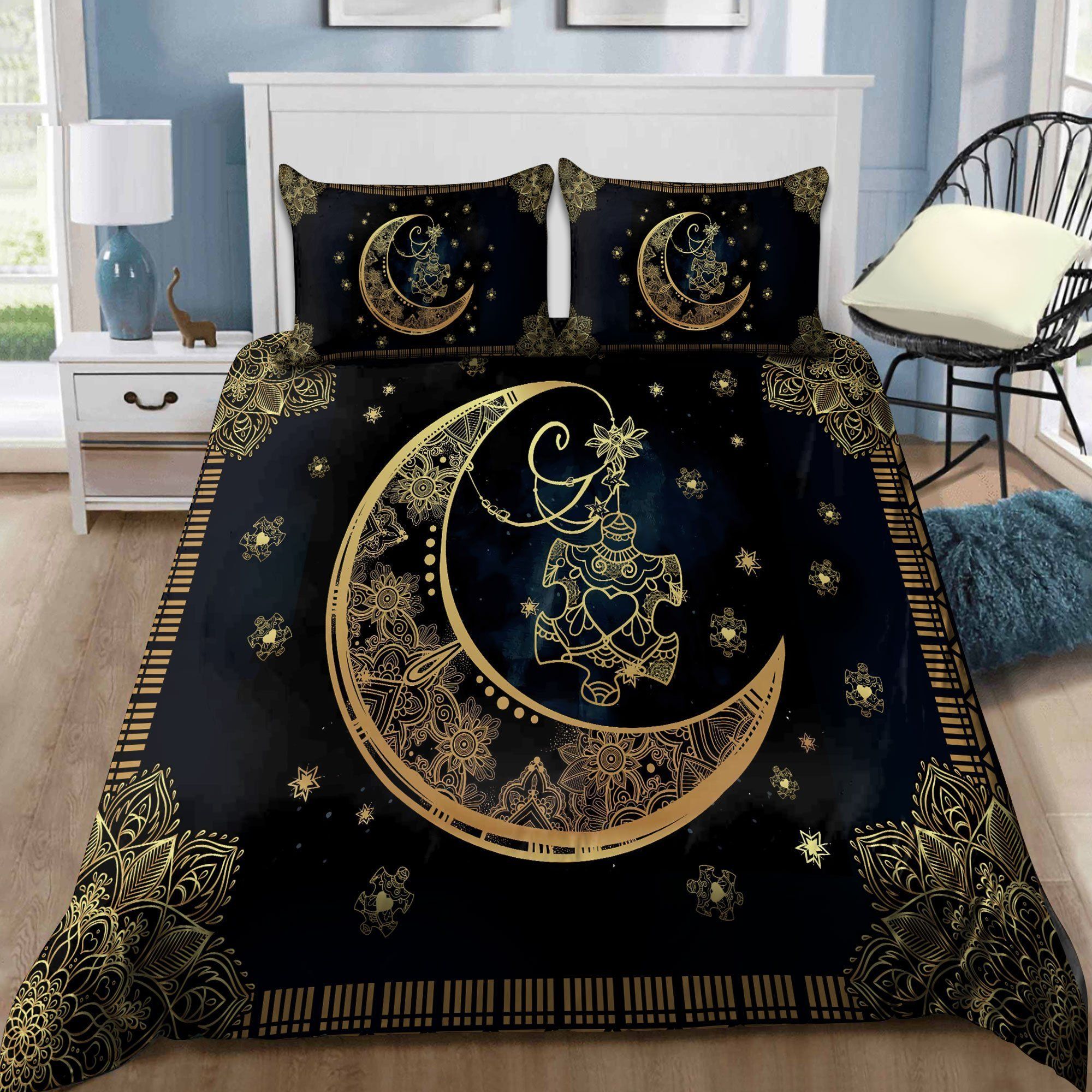 Autism Awareness Moon Mandala Sunflower Bedding Set