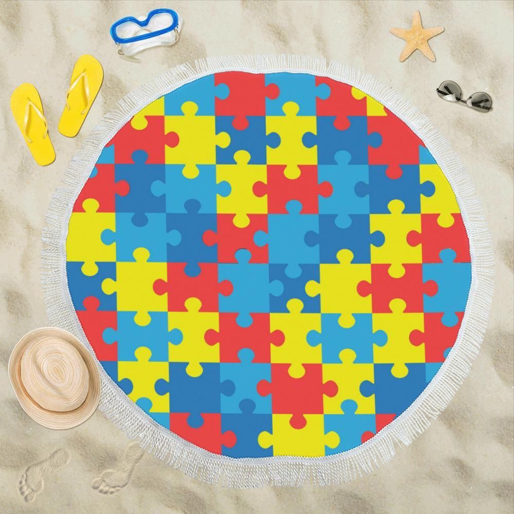Autism Awareness Puzzles Design Print Round Beach Towel