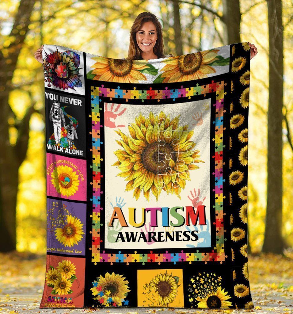 Autism Awareness You Never Walk Alone Hippie Sunflower Puzzle Fleece Blanket