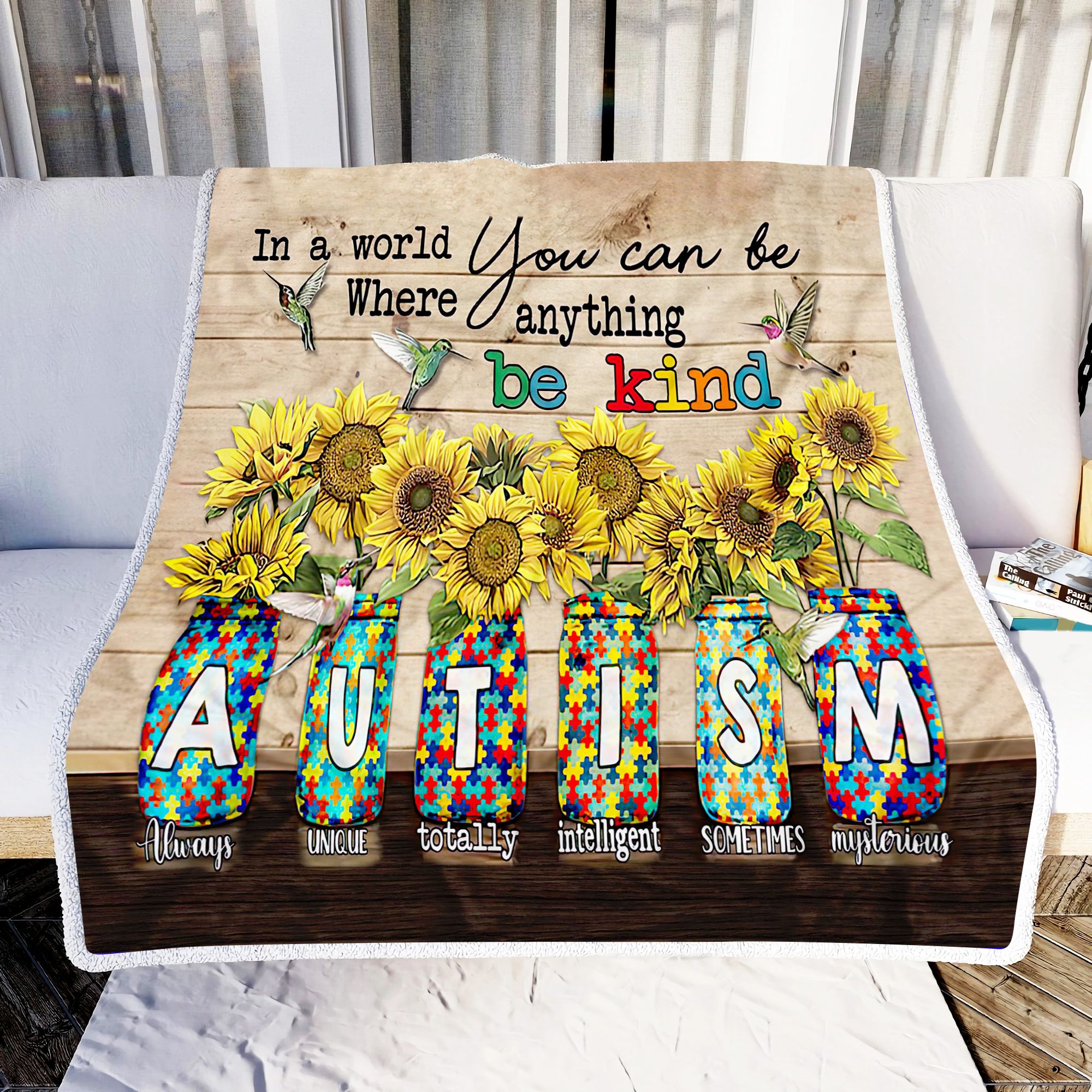 Autism Hummingbird And Sunflower For Mom Fleece Blanket