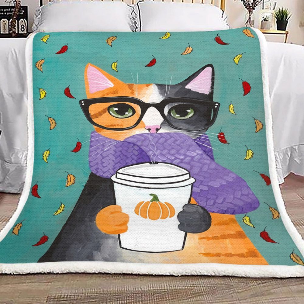 Autumn Coffee Cat Sherpa Fleece Blanket