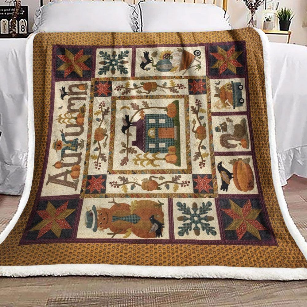 Autumn Pumpkin Crow Squirrel Sherpa Fleece Blanket