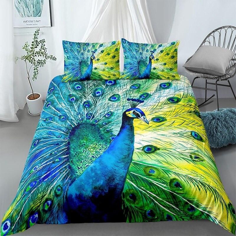 Awesome Watercolored Peacock Feather Bedding Set