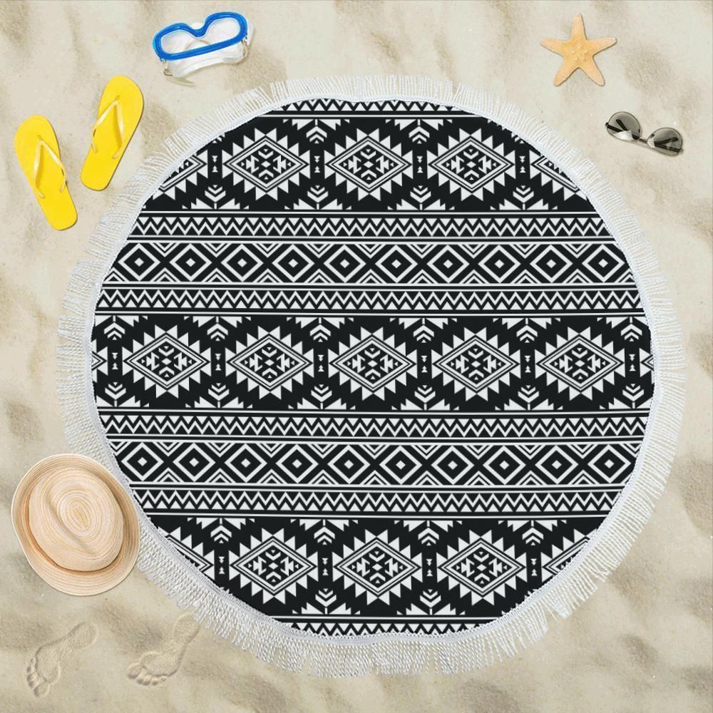 Aztec Black White Pattern All Over Printed Round Beach Towel