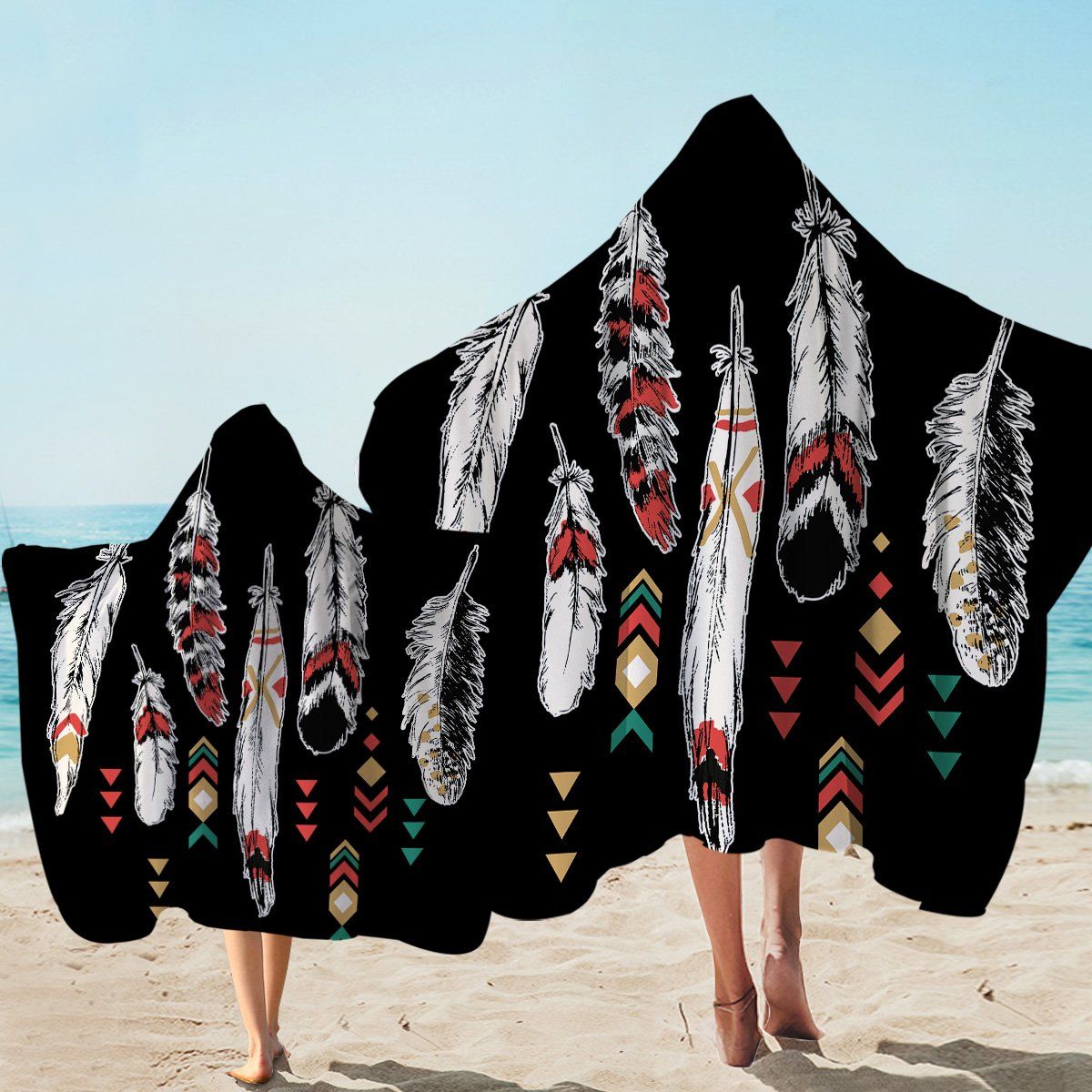 Aztec Feathers Black Printed Hooded Towel