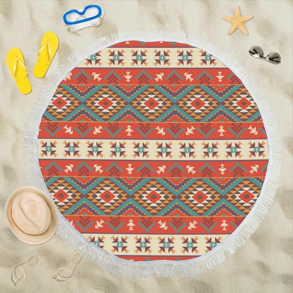Aztec Red Pattern Printed Round Beach Towel
