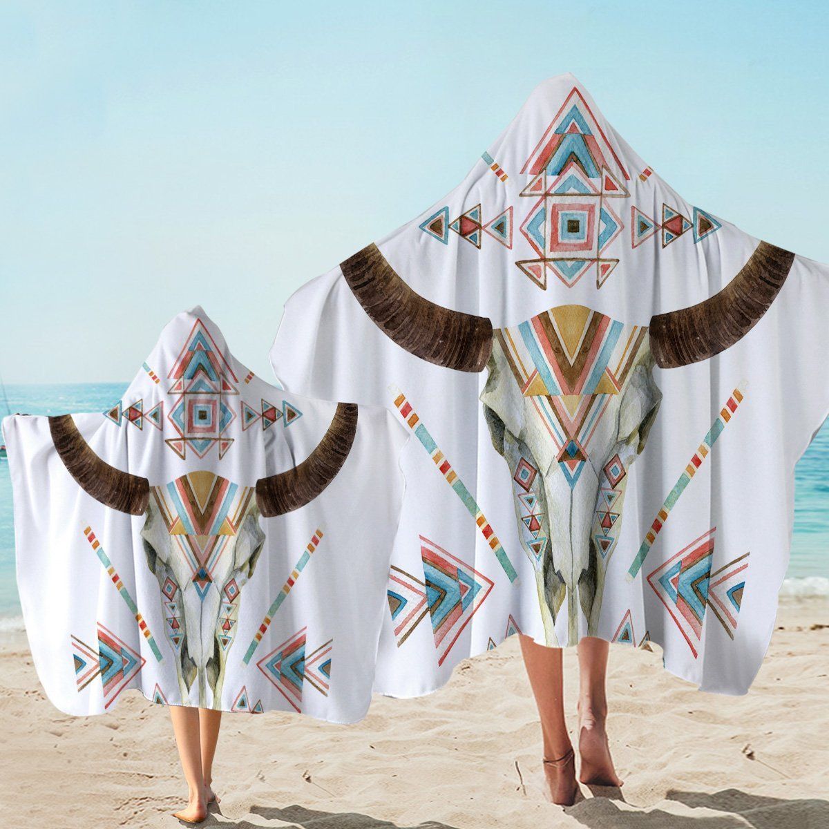 Aztec Themed Trophyhead On White Printed Hooded Towel