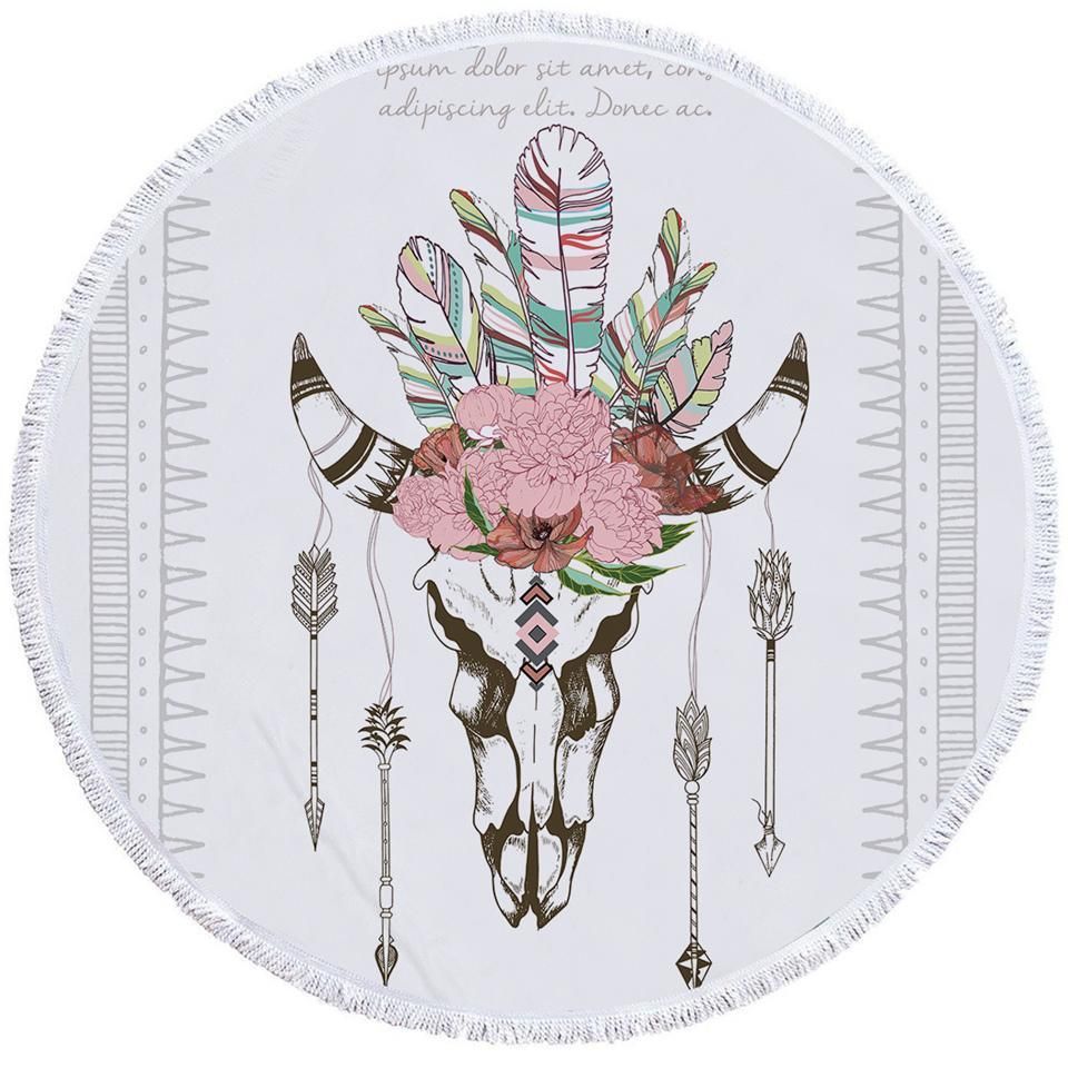 Aztec Trophy Head On White Printed Round Beach Towel