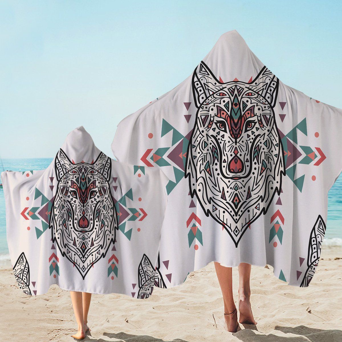 Aztec Wolf Geometry Art Printed Hooded Towel