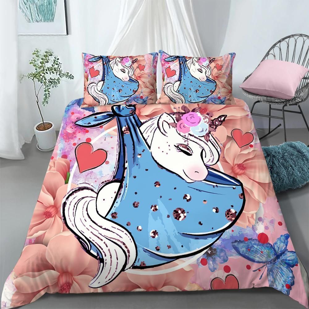 Baby Unicorn Flowers And Heart Full Print Bedding Set