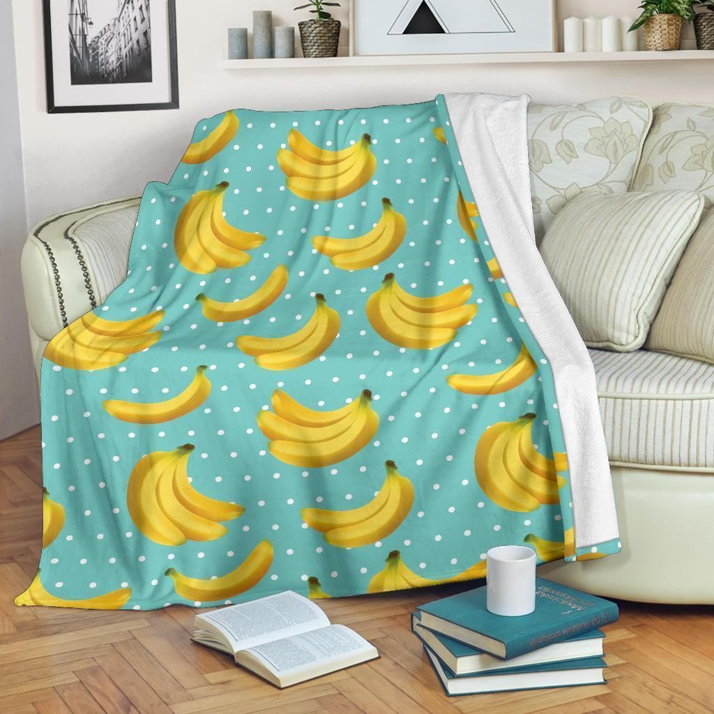 Banana Pattern Print Design Polka Dot Blue Fleece Blanket