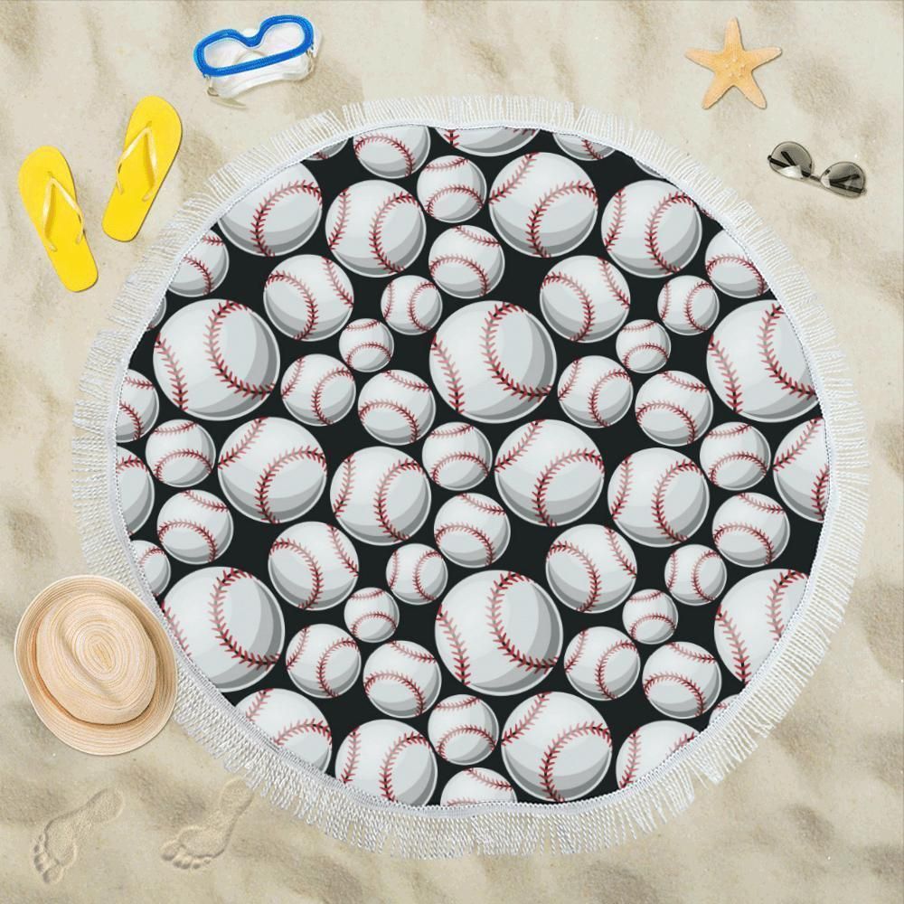 Baseball Black Background Printed Round Beach Towel