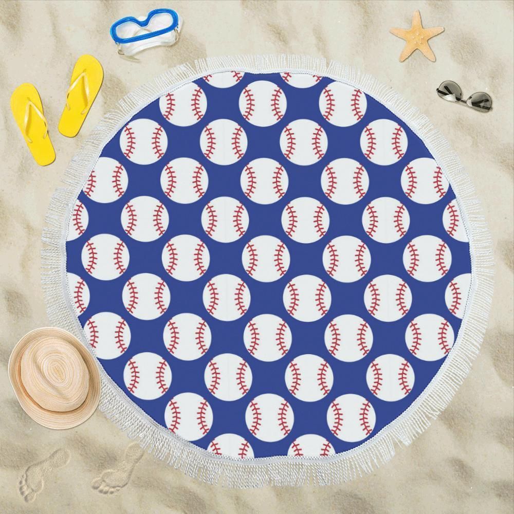 Baseball Blue Background Printed Round Beach Towel