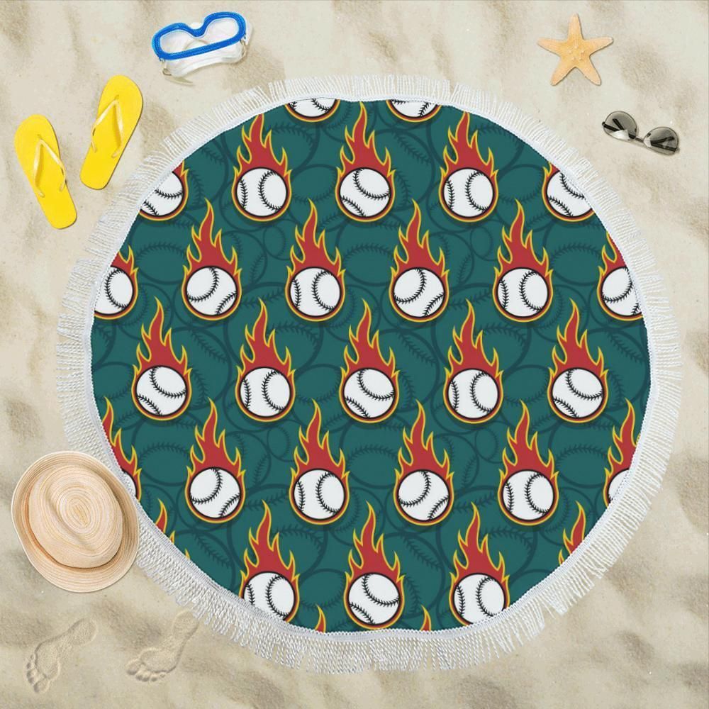 Baseball Fire Pattern Printed Round Beach Towel