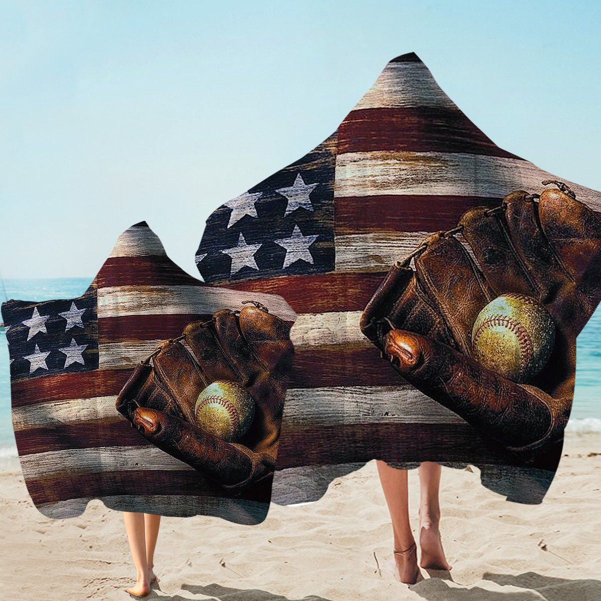 Baseball In Glove And American Flag Printed Hooded Towel