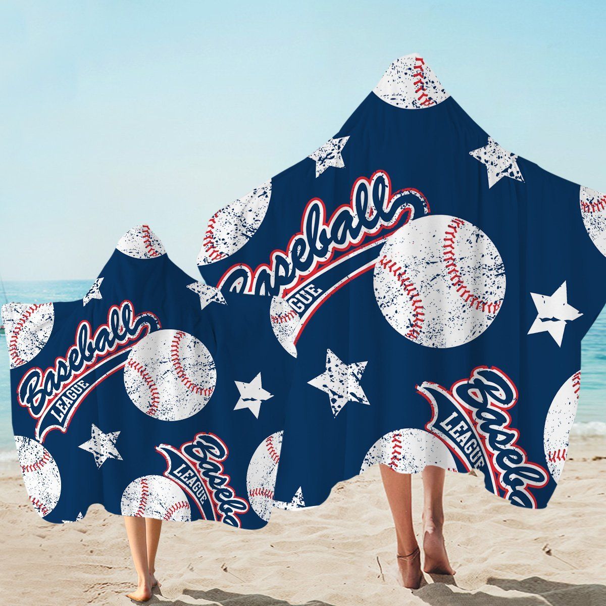 Baseball Themed Star Dark Blue Printed Hooded Towel