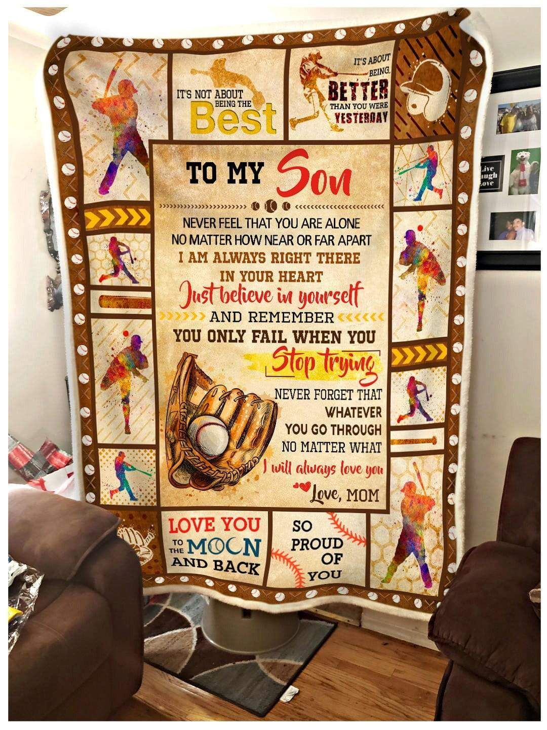 Baseball To My Son Never Stop Trying Love Mom Sherpa Fleece Blanket