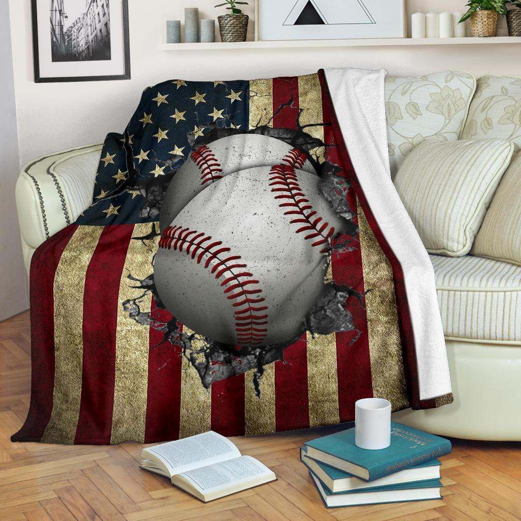 Baseball Us Flag Sherpa Fleece Blanket