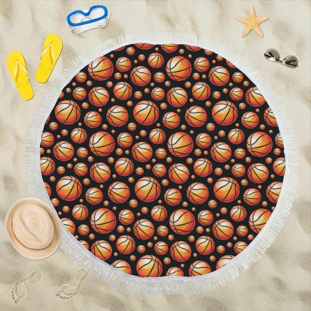 Basketball Black Background Pattern Round Beach Towel