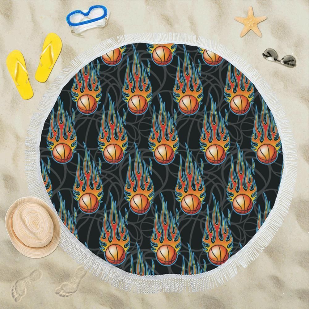 Basketball Fire Print Pattern Round Beach Towel