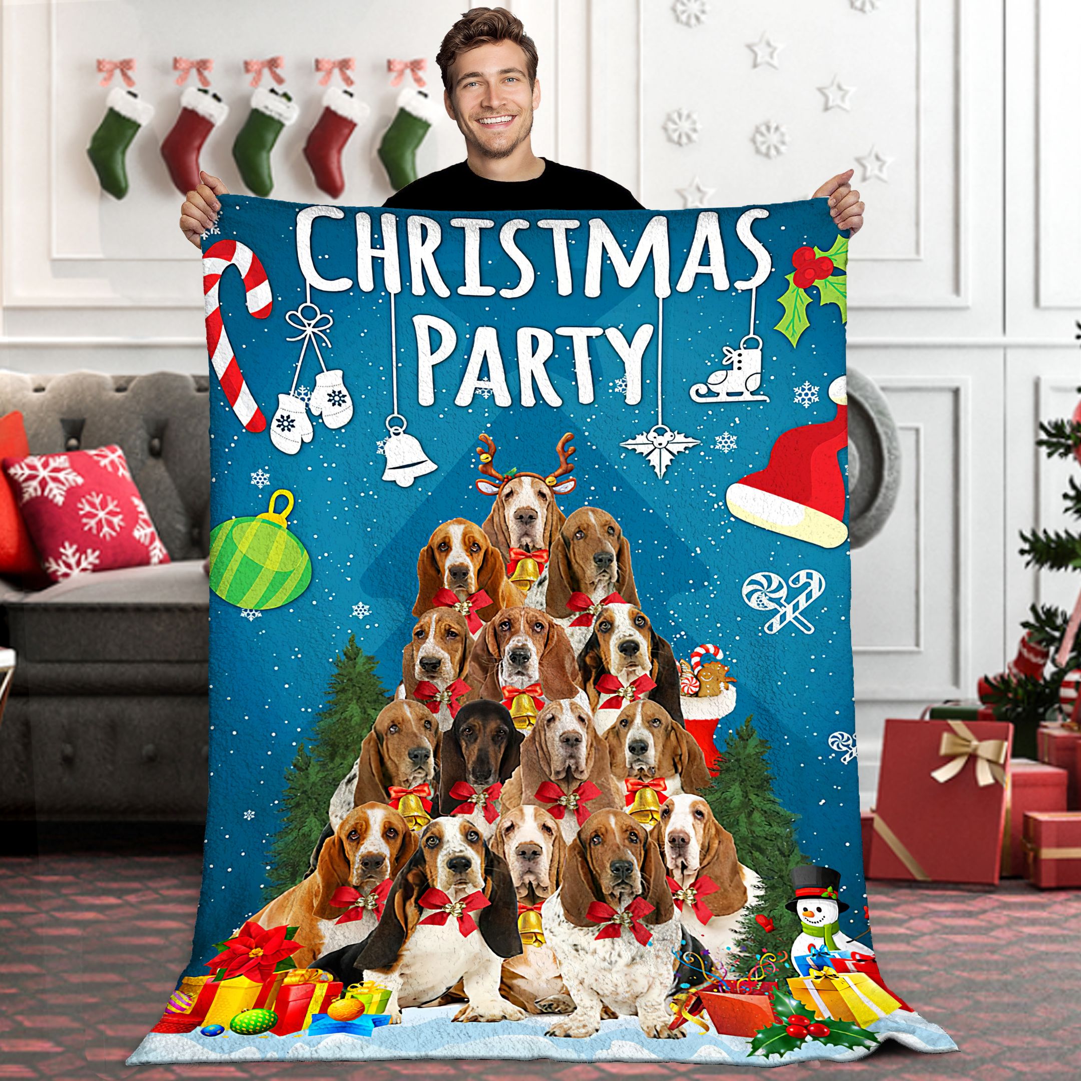 Basset Hound Christmas Party Sherpa Fleece Blanket