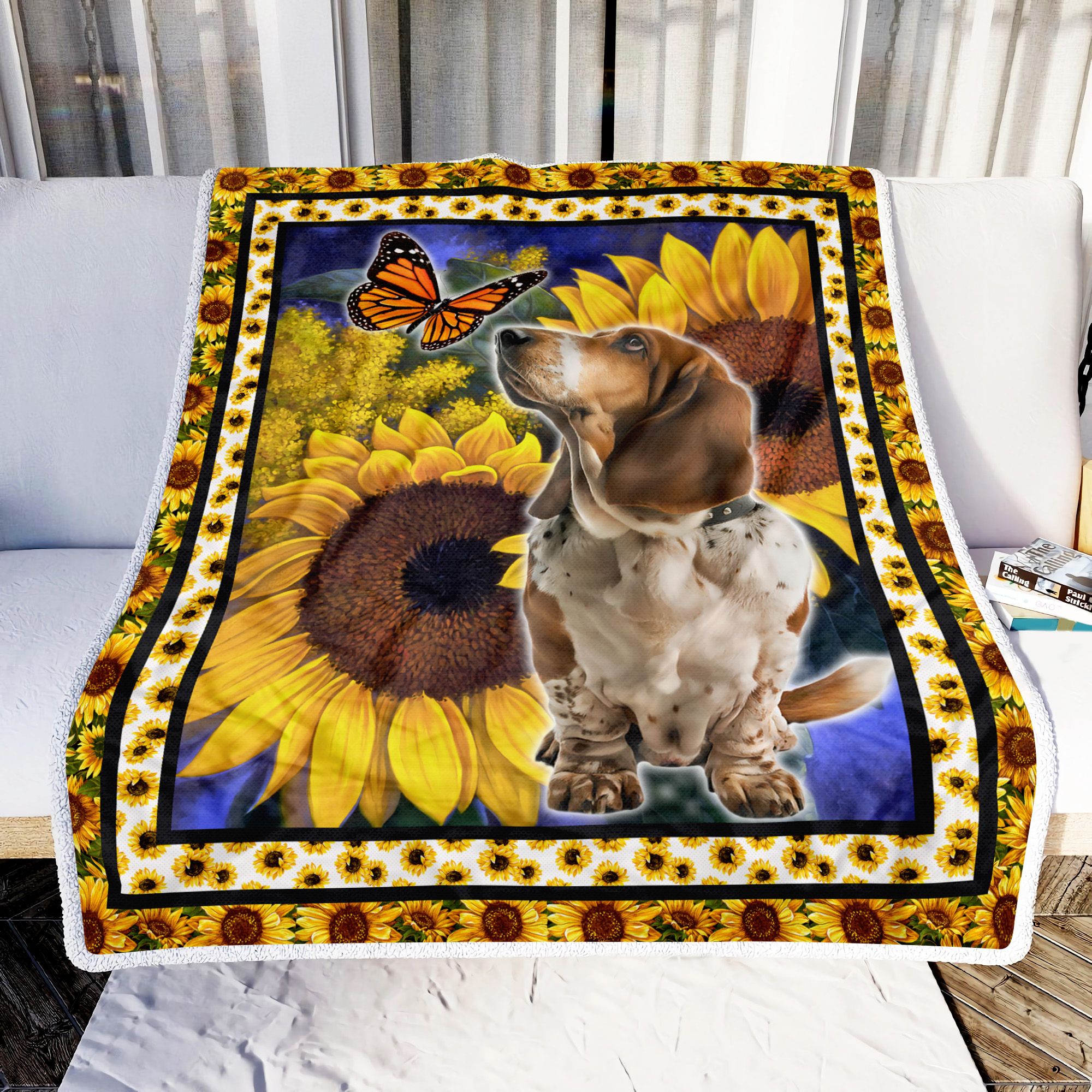 Basset Hound Dog Monarch Butterfly Sunflower Fleece Blanket