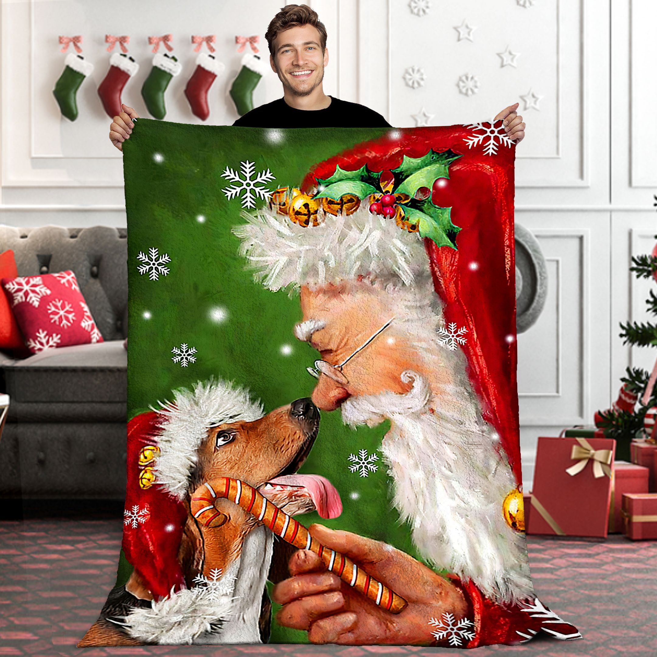 Basset Hound Smile With Santa Sherpa Fleece Blanket
