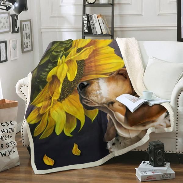 Basset Hound Sunflower Sherpa Fleece Blanket