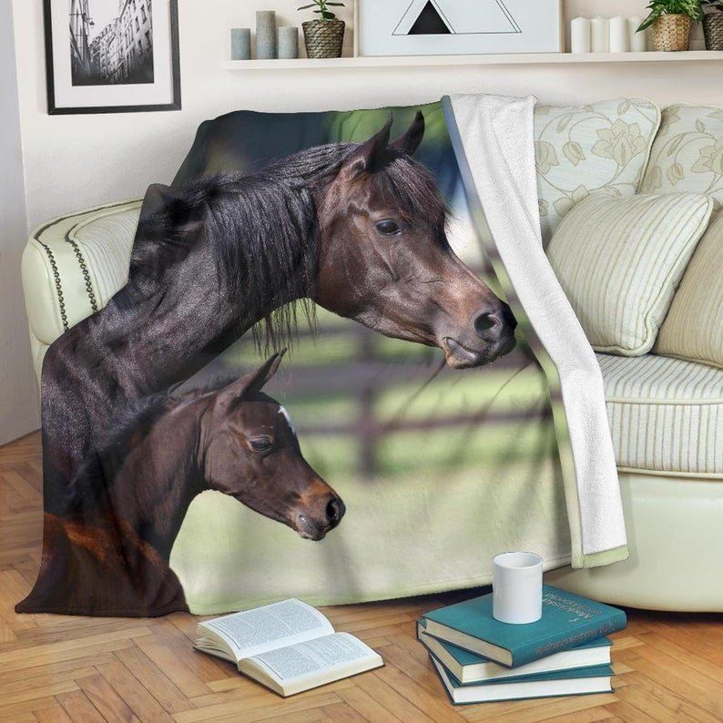 Bay Arab Mother And Baby Horse Sherpa Fleece Blanket
