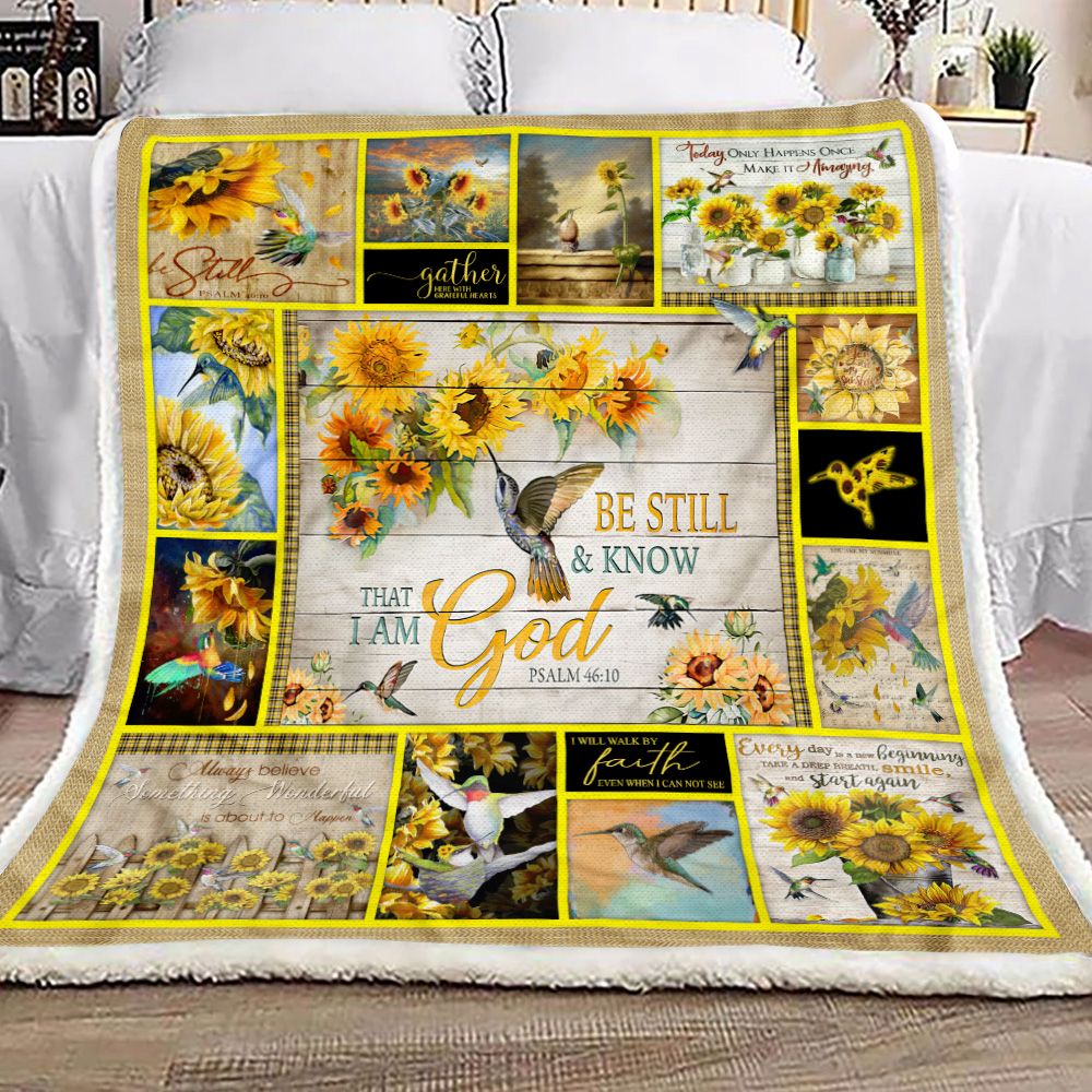 Be Still And Know That I A God Hummingbird And Sunflower Fleece Blanket